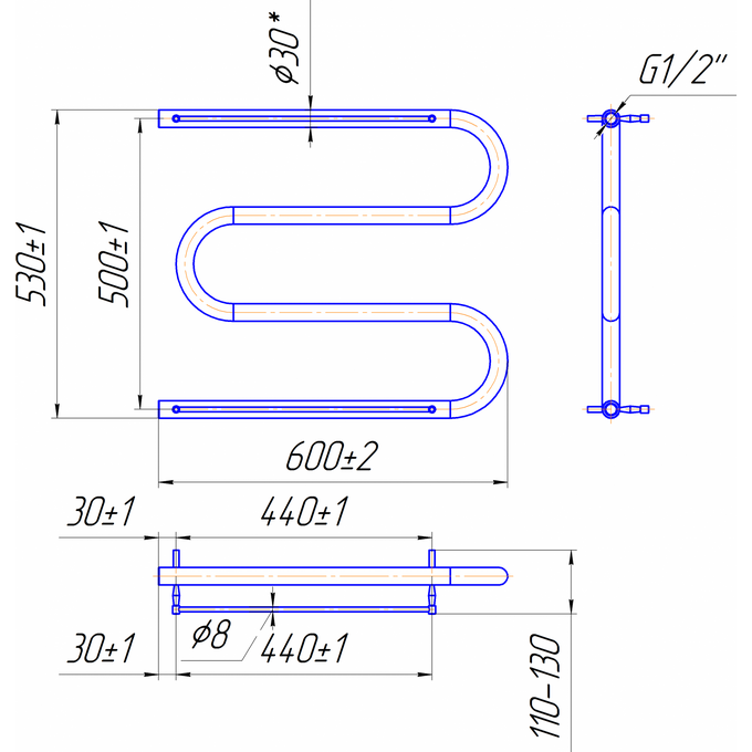 Водяной полотенцесушитель Mario Змейка ∅30 1.1.3101.05.P (4820111350599, 530x600, хром/сатин/белый глянец/черный матовый/графит/золото/бронза, с полкой), фото 5