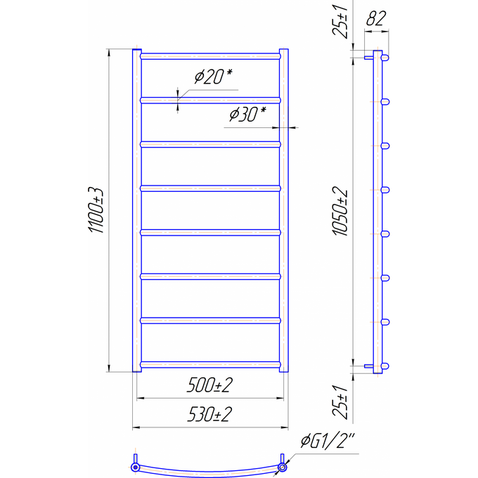 Водяной полотенцесушитель Mario Классик HP 1.3.0103.01.P (4820111351398, 1100x530, хром/белый глянец/черный матовый/графит/золото/сатин/бронза), фото 7