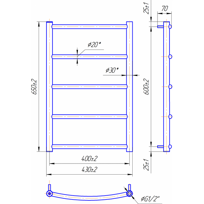Водяной полотенцесушитель Mario Классик HP 1.3.0100.01.P (4820111351404, 650x430, хром/белый глянец/черный матовый/графит/золото/сатин/бронза), фото 7