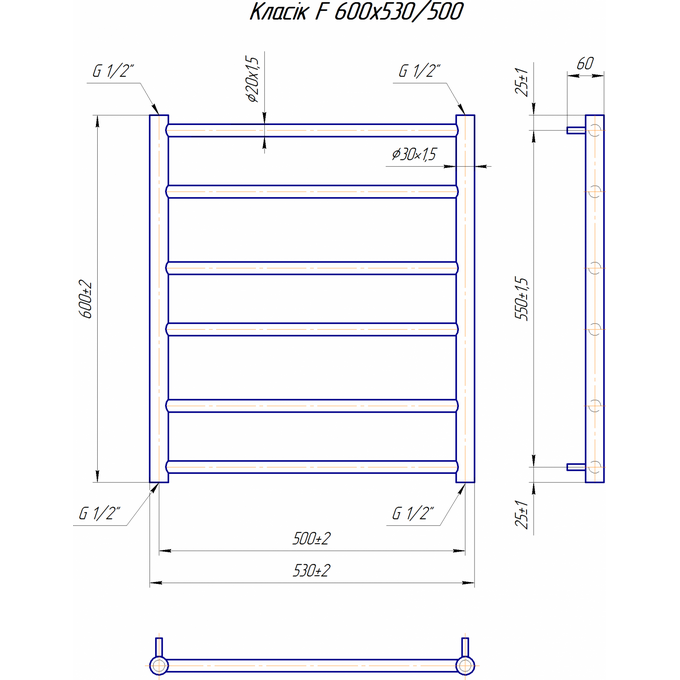 Водяна рушникосушарка Mario Класік F 1.1.5903.01.P (4820111357017, 600x530, хром/білий глянець/чорний матовий/золото/сатин/бронза), фото , изображение 7