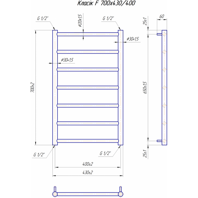Водяной полотенцесушитель Mario Классик F 1.1.5904.01.P (4820111357024, 700x430, хром/белый глянец/черный матовый/графит/золото/сатин/бронза), фото 7