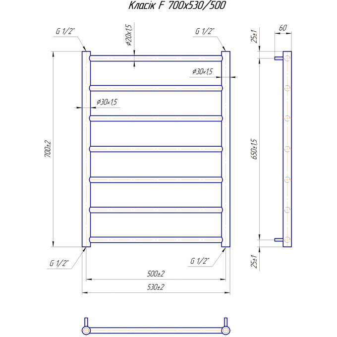 Водяной полотенцесушитель Mario Классик F 1.1.5905.01.P (4820111357031, 700x530, хром/белый глянец/черный матовый/графит/золото/сатин/бронза), фото 7