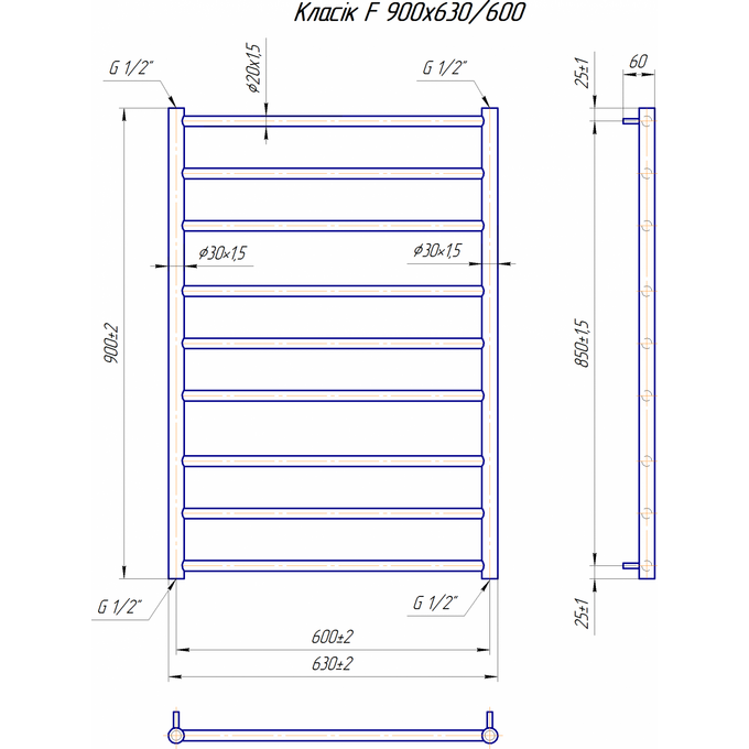 Водяна рушникосушарка Mario Класік F 1.1.5908.01.P (4820111357062, 900x630, хром/білий глянець/чорний матовий/золото/сатин/бронза), фото , изображение 7