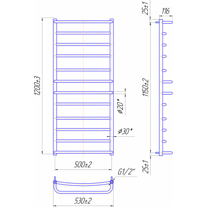 Водяной полотенцесушитель Mario Люкс 1.1.0307.01.P (4820111351152, 1200x530, хром/сатин/белый глянец/черный матовый/графит/золото/бронза), фото 7