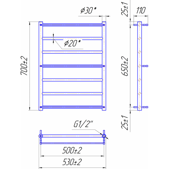 Водяной полотенцесушитель Mario Одисей 1.1.1701.01.P (4820111350681, 700x530, хром/сатин/белый глянец/черный матовый/графит/золото/бронза, с полкой), фото 8