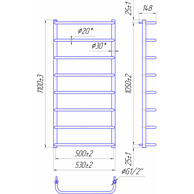 Водяна рушникосушарка Mario Стандарт HP 1.3.0203.01.P (4820111351343, 1100x530, хром/сатин/білий глянець/чорний матовий/золото/бронза), фото , изображение 7