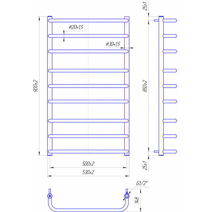 Водяна рушникосушарка Mario Стандарт 1.1.0209.01.P (4820111350438, 900x530, хром/сатин/білий глянець/чорний матовий/золото/бронза), фото , изображение 7