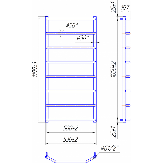 Водяна рушникосушарка Mario Трапеція HP 1.3.2803.01.P (4820111351817, 1100x530, хром/сатин/білий глянець/чорний матовий/золото/бронза), фото , изображение 6