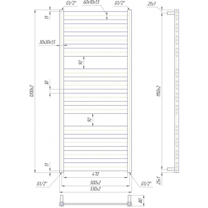 Водяной полотенцесушитель Mario Санти 1.2.6801.03.P (4820111354849, 1200x530, хром/белый глянец/черный матовый/графит/золото/сатин/бронза), фото 6