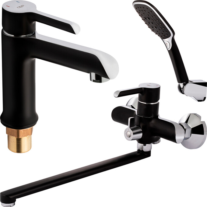 Комплект смесителей для ванной комнаты Qtap Grand (QTGRABCR001F+QTGRABCR005, черный/хром), фото 
