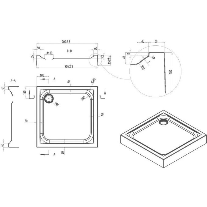 Душевой поддон Am.Pm Gem W90T-403-090W (90x90 см, с сифоном), Доступные размеры: 90 x 90, фото 3
