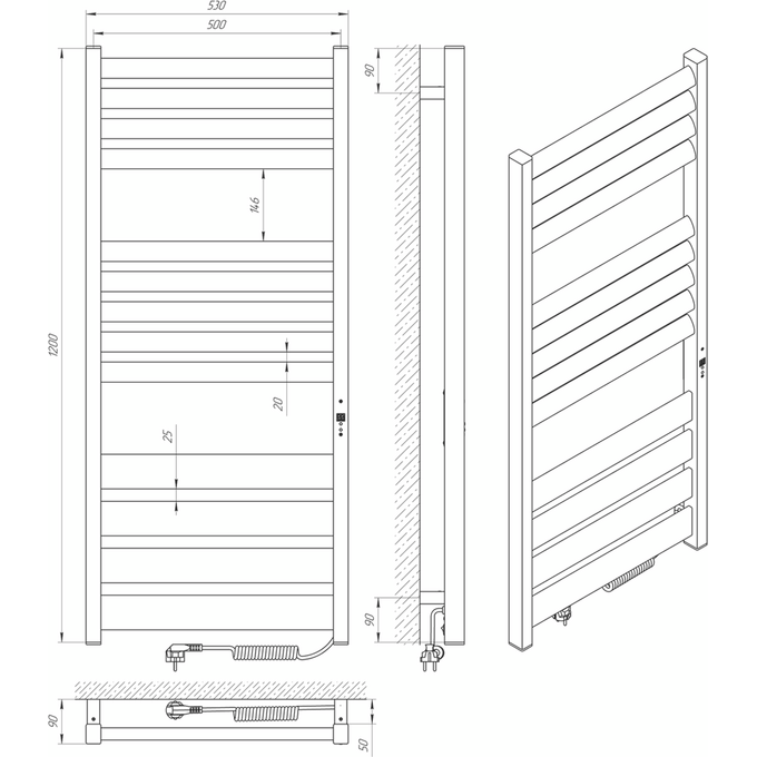 Электрический полотенцесушитель Laris Зебра Лавина ЧКЧ13 75201094 (500x1200, черный матовый, правый), Доступные размеры: 500 x 1200, Цвет производителя: черный матовый, Подключение полотенцесушителя: правое, фото 6