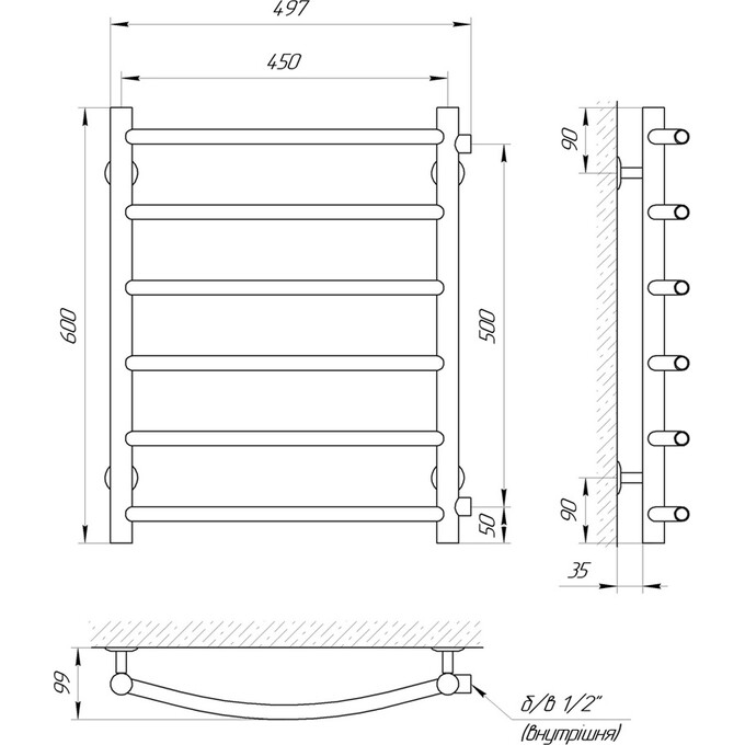 Водяной полотенцесушитель Laris Классик П6 71207280 (450x600, хром/белый/черный/золото/бронза, боковое подключение), фото 6