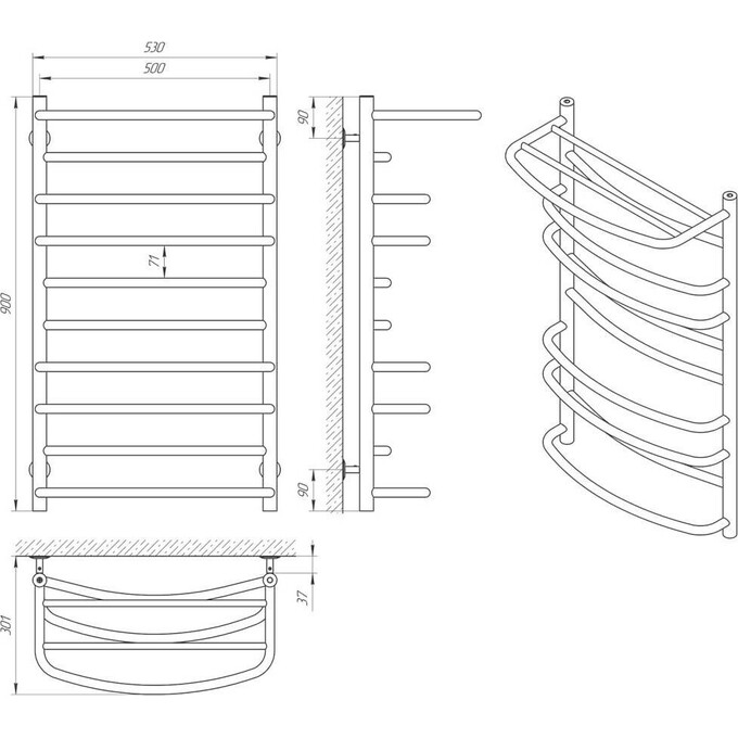 Водяной полотенцесушитель Laris Евромикс П10 71207687 (500x900, хром/белый/черный/золото/бронза, с полкой), фото 7