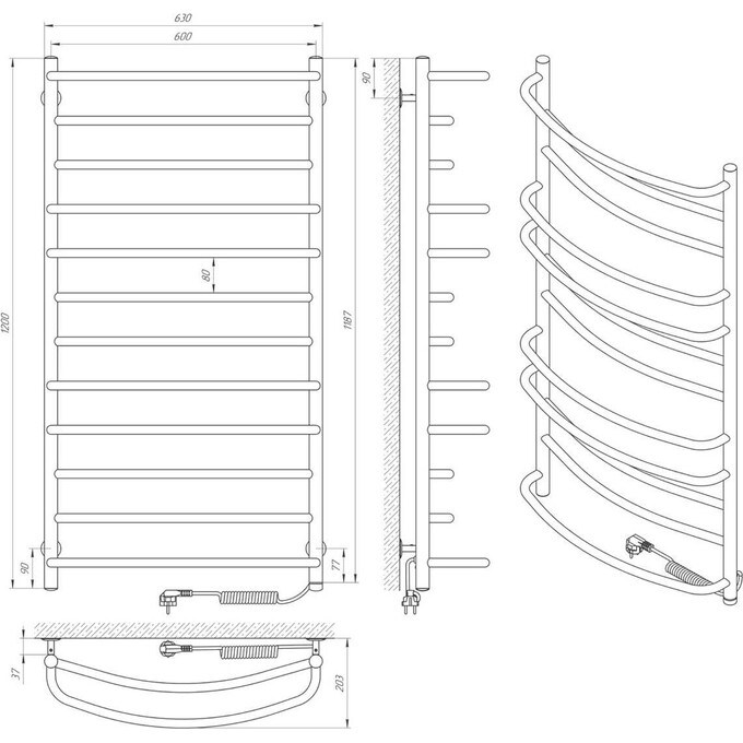 Электрический полотенцесушитель Laris Евромикс П12 73207691 (600x1200, хром/белый/черный/золото/бронза, правый, сенсорный, с таймером), Доступные размеры: 600 x 1200, Подключение полотенцесушителя: правое, фото 7
