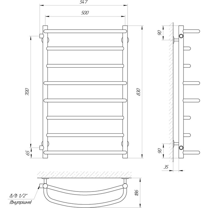 Водяной полотенцесушитель Laris Евромикс П8 71207368 (500x800, хром/белый/черный/золото/бронза, боковое подключение), фото 6