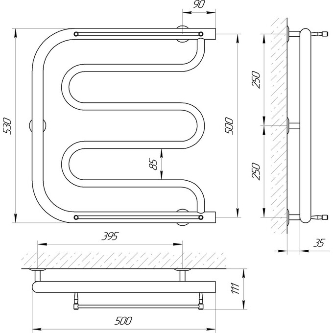 Водяной полотенцесушитель Laris Фокстрот П 71207103 (500x500, хром/белый/черный/золото/бронза, с полкой), фото 2