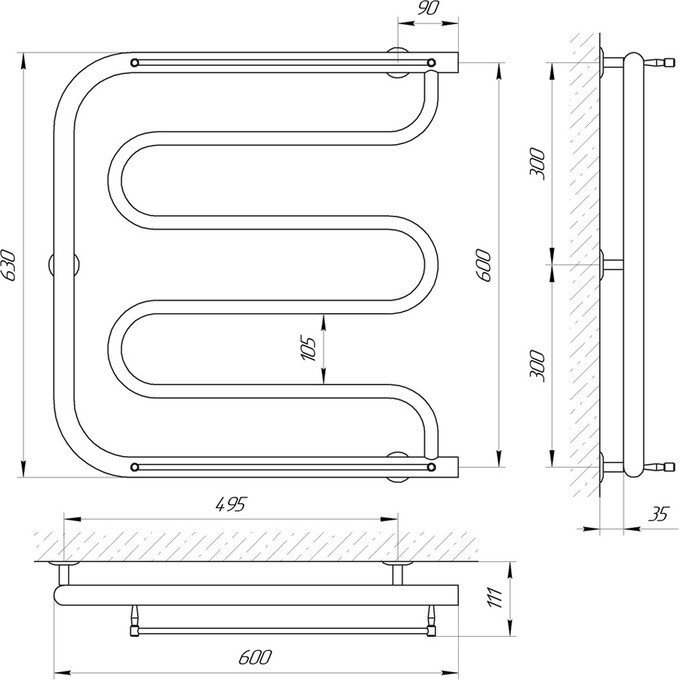 Водяна рушникосушарка Laris Фокстрот П 71207453 (600x600, хром/білий/чорний/золото/бронза, з полицею), фото , изображение 5