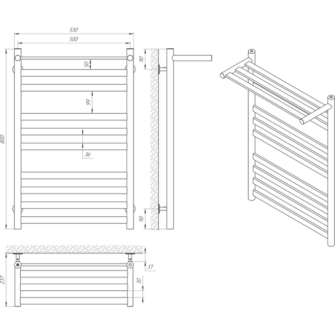 Водяной полотенцесушитель Laris Кватро П10 71207566 (500x800, хром/белый/черный/золото/бронза, с полкой), фото 6