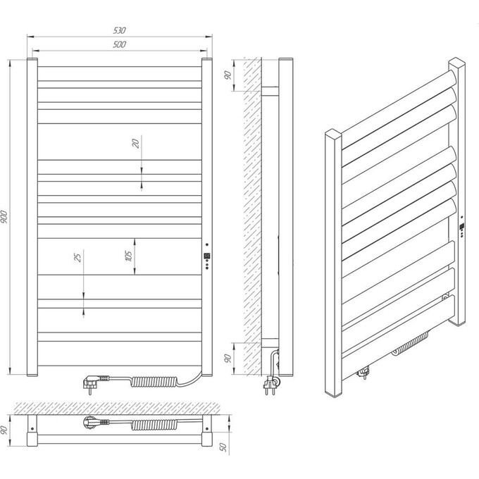 Электрический полотенцесушитель Laris Зебра Лавина ЧКЧ10 75201092 (500x900, черный матовый, правый), Доступные размеры: 500 x 900, Цвет производителя: черный матовый, Подключение полотенцесушителя: правое, фото 6