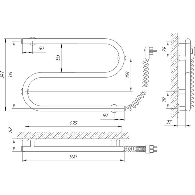 Электрический полотенцесушитель Laris Зебра Змеевик 25 ЧК2 75201018 (500x330, белый глянцевый, правый), фото 3