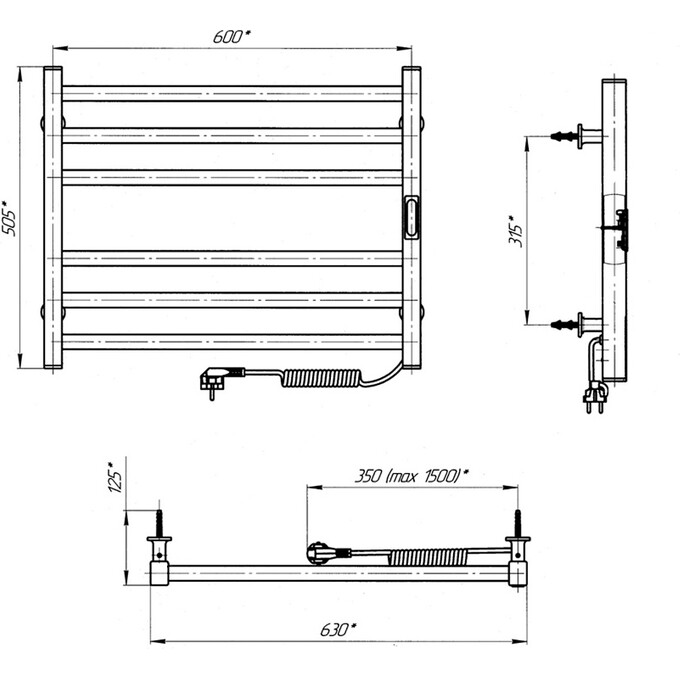 Электрический полотенцесушитель Laris Зебра Альфа-25 ЧК(Ч)6 R3 73207760 (600x500, черный матовый, правый, с таймером), Доступные размеры: 600 x 500, Цвет производителя: черный матовый, Подключение полотенцесушителя: правое, фото 6