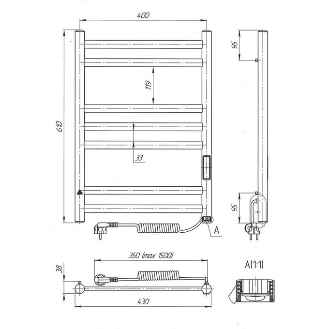 Электрический полотенцесушитель Laris Кватро П7 73207659 (400x600, хром/белый/черный/золото/бронза, правый, сенсорный, с таймером), фото 6