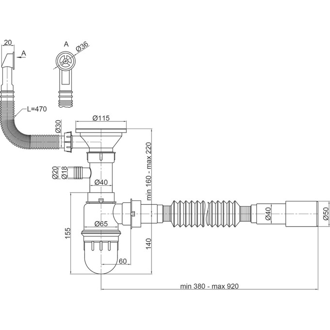 Сифон для кухонной мойки Lidz 47 01 003 01 (LIDZGRA470100301, черный, с дополнительным отводом), фото 3