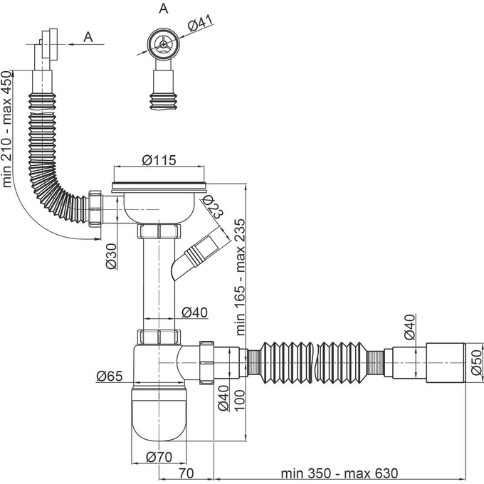 Сифон для кухонной мойки Lidz 60 08 E001 01 ECO (LK01, с дополнительным отводом), фото 3
