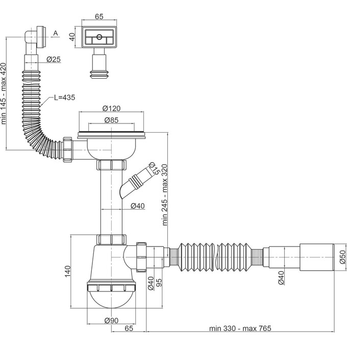 Сифон для кухонной мойки Lidz 60 05 M002 01 EURO (LK05, с дополнительным отводом), фото 3