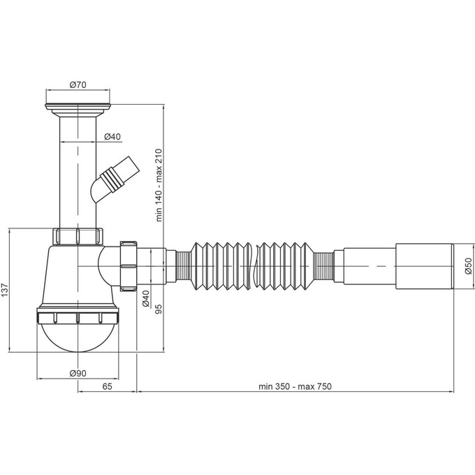 Сифон для кухонной мойки Lidz 60 05 M002 00 (LK04, с дополнительным отводом), фото 3