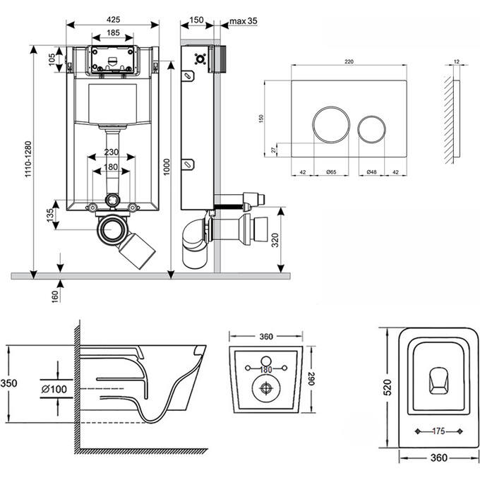Унитаз подвесной Qtap Crow QT05335170W с инсталляцией Qtap Nest QT0133M425 и клавишей смыва M11V1146MB (QT05335170W0133M425M11V1146MB, с сиденьем и звукоизоляционной прокладкой), фото 10