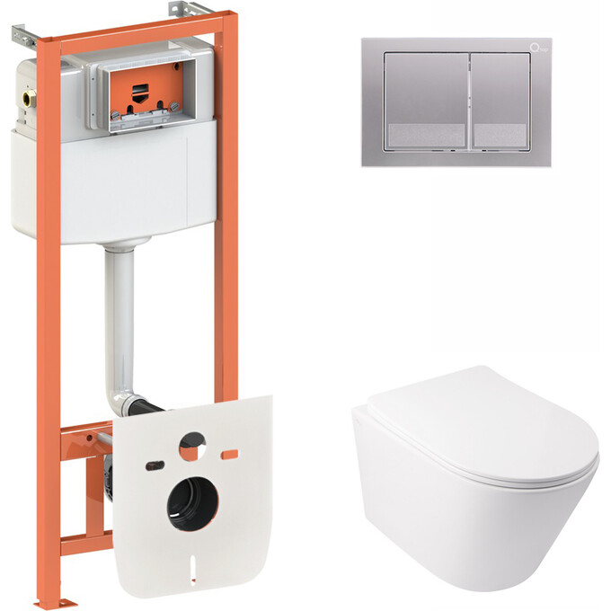 Унитаз подвесной Qtap Swan QT16335178W с инсталляцией Qtap Nest QT0133M425 и клавишей смыва M06029SAT (QT16335178W0133M425M06029SAT, с сиденьем и звукоизоляционной прокладкой), фото 