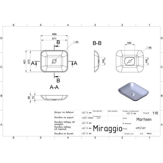 Раковина Miraggio Marteen Mirastone gray 0000428 (49x40 см, сіра матова, чаша), Технологія виробництва: Mirastone, Колір виробника: сірий, фото , изображение 2