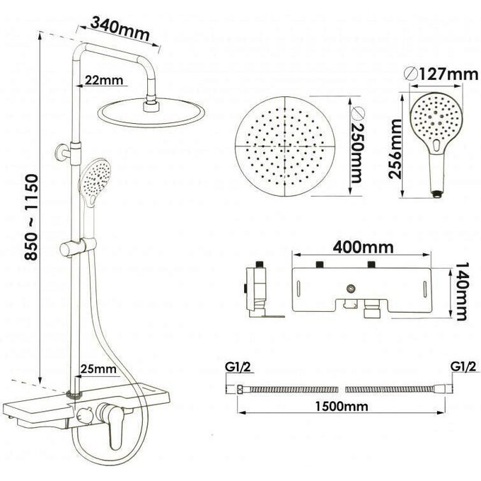 Душова система Yoka Saba 25 Black Matt BP.SABA25-BLK (чорна матова, з виливом та поличкою), фото , изображение 12