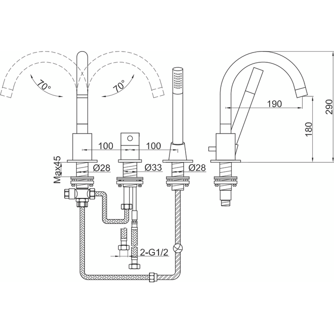 Змішувач на борт ванни Kohlman Roxin Black QB241RB (чорний матовий, на три отвори), Колір виробника: чорний матовий, фото , изображение 2
