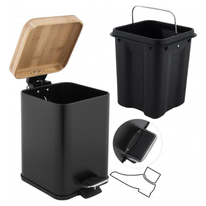 Ведро для мусора Yoka Sido Black/Bamboo CH.SIDO-BLK (черное/бамбук, 3 л, с педалью и крышкой), фото 6