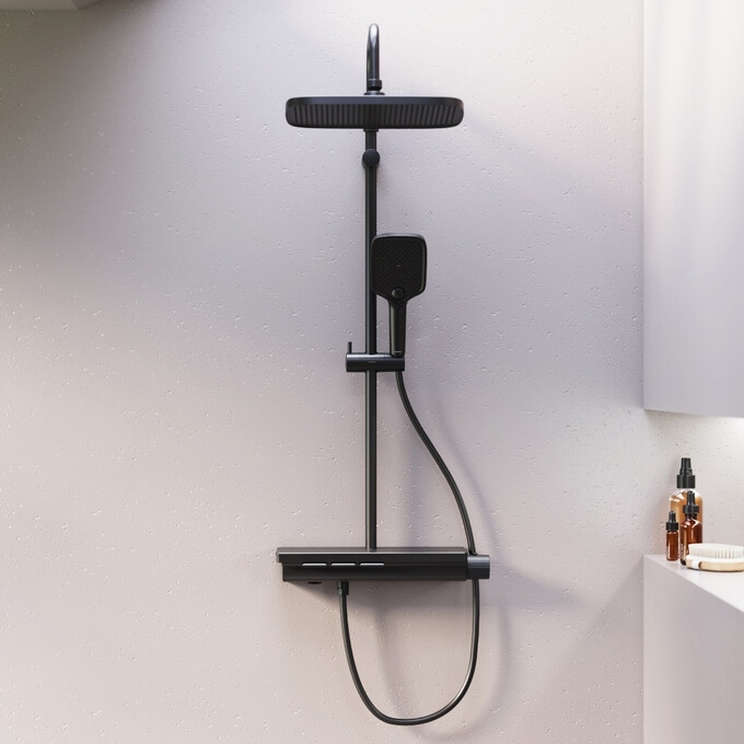 Душевая система с термостатом Damixa Gala 953760300 (черная матовая, с полкой и изливом), фото 3
