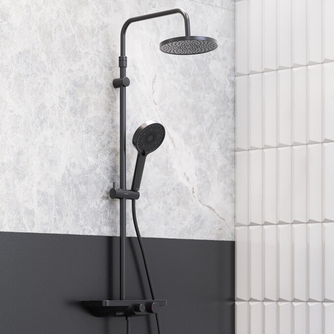 Душевая система Damixa Apollo 947730300 (черная матовая, с полкой и изливом), Цвет производителя: черный матовый, фото 2