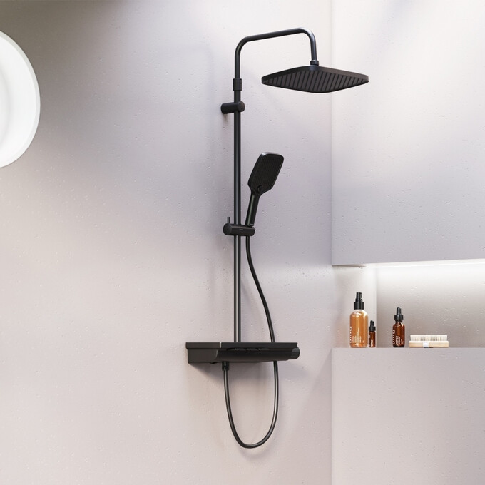 Душевая система с термостатом Damixa Gala 953760300 (черная матовая, с полкой и изливом), фото 2