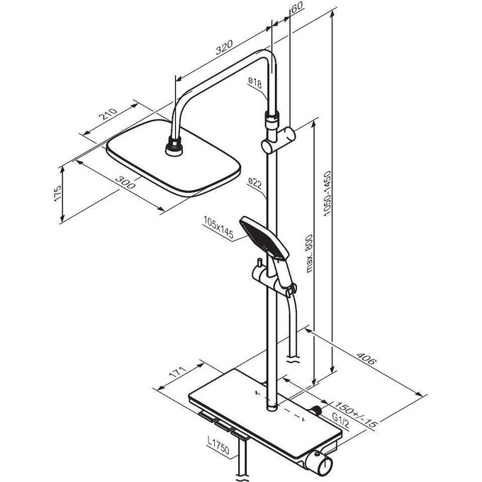 Душевая система с термостатом Damixa Gala 953760300 (черная матовая, с полкой и изливом), фото 7