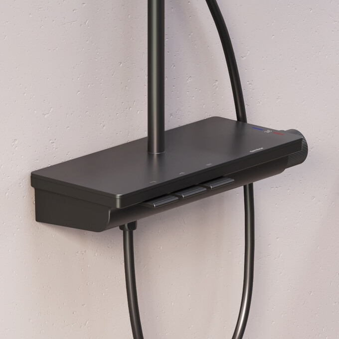 Душевая система с термостатом Damixa Gala 953760300 (черная матовая, с полкой и изливом), фото 4