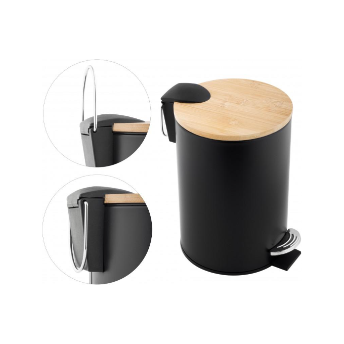 Відро для сміття Yoka Vini Black/Bamboo CH.VINI-BLK (чорне/бамбук, 3 л, з педаллю та кришкою), фото , изображение 5