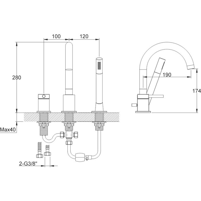 Смеситель на борт ванны Kohlman Axel Black QB241AB (черный матовый, на три отверстия), Цвет производителя: черный матовый, фото 2