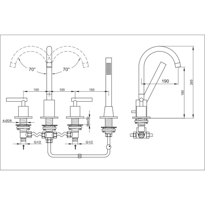 Смеситель на борт ванны Kohlman Roxin Chrome QB240R (на четыре отверстия), фото 2