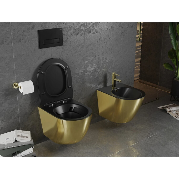 Безободковый подвесной унитаз Mexen Lena Black Matt/Gold MEX-30224076 (черный матовый/золотой глянцевый, с сиденьем), Цвет производителя: черный матовый, золотой глянец, фото 3