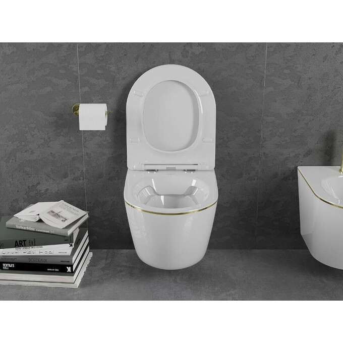 Безободковый подвесной унитаз Mexen Lena White/Gold Edge MEX-30224005 (белый глянцевый/золотой бортик, с сиденьем), Цвет производителя: белый глянец, золотой бортик, фото 4