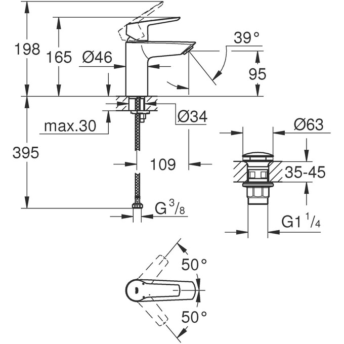 Смеситель для раковины Grohe QuickFix Start S-Size Black 235502432 (черный матовый, с донным клапаном), фото 9