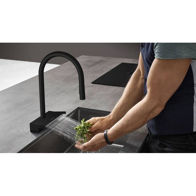 Смеситель для кухни Hansgrohe Aquno Select M81 pull-out spout sBox Matt Black 73830670 (черный матовый, с выдвижной лейкой и дополнительным каскадным изливом), фото 2