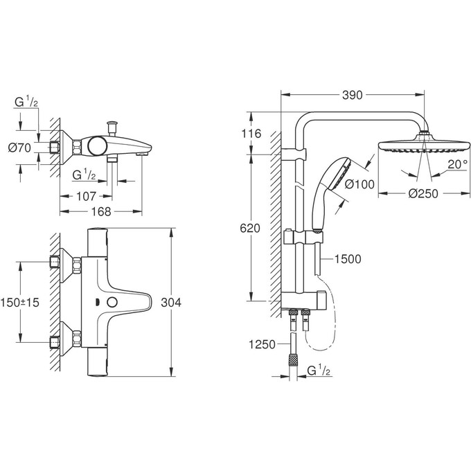 Смеситель для ванны с термостатом Grohe QuickFix Precision Start&Vitalio Start 250 Black UA303904TR (черный матовый, с душевой системой), фото 9